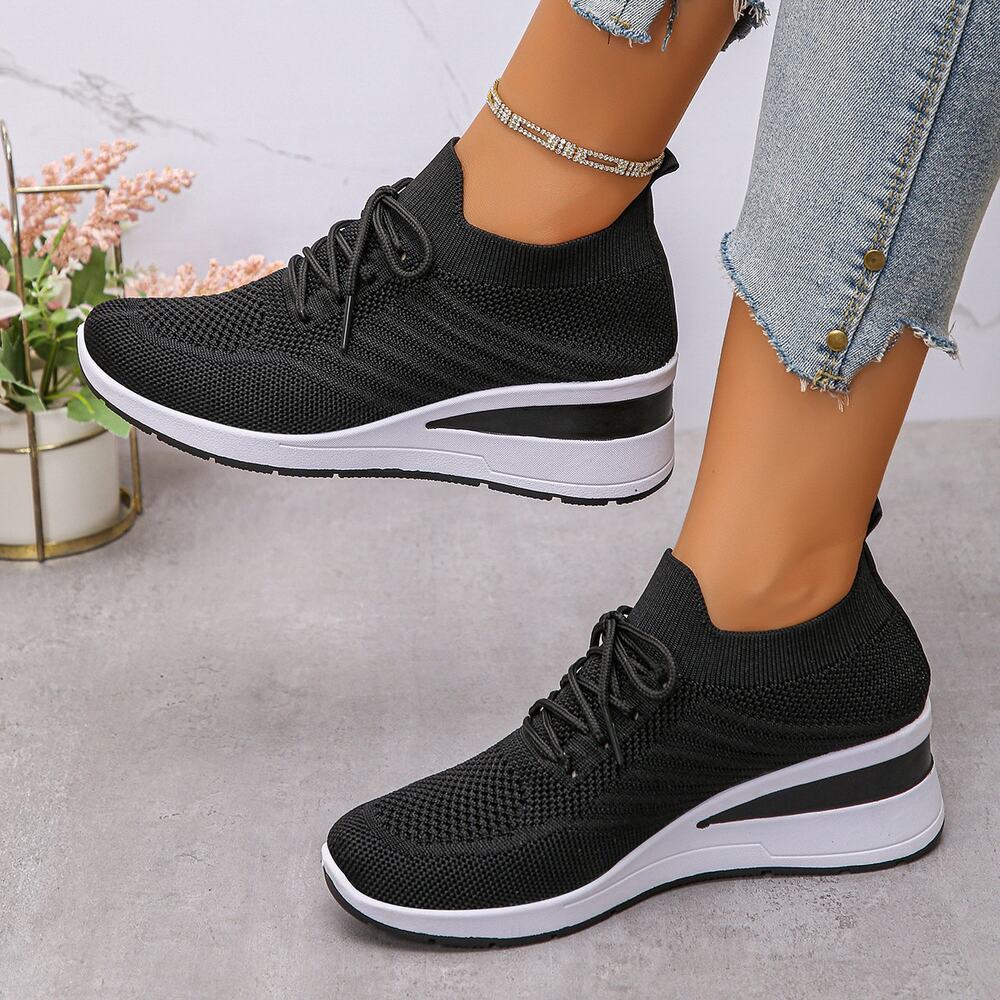 Black Lace Up Wedge Sneakers Womens Size 9 Platform Athletic Casual Shoes - Picture 4 of 4